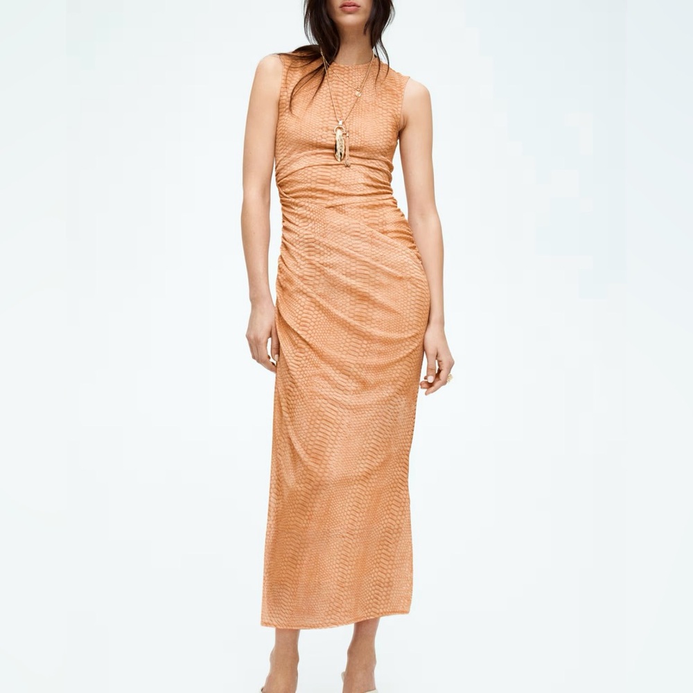 NEW H&M Edition Draped Mesh Dress. M. Beige snakeskin-pattern